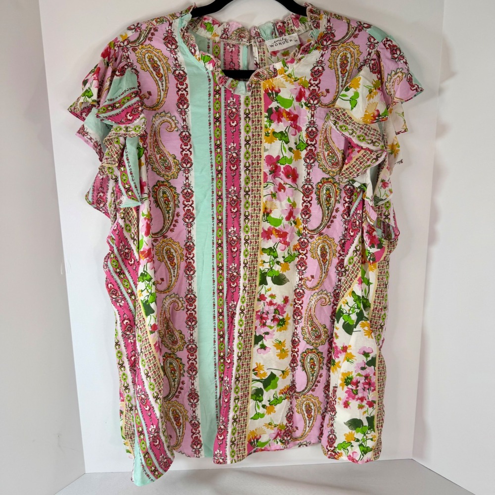 Emily Wonder Pink Floral Paisley Ruffle Sleeve Mixed Print Blouse 2X Feminine